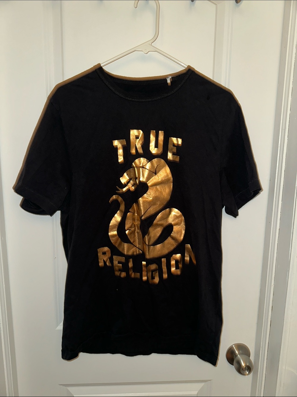 True Religion Black Tee with Metallic Gold Snake Graphic